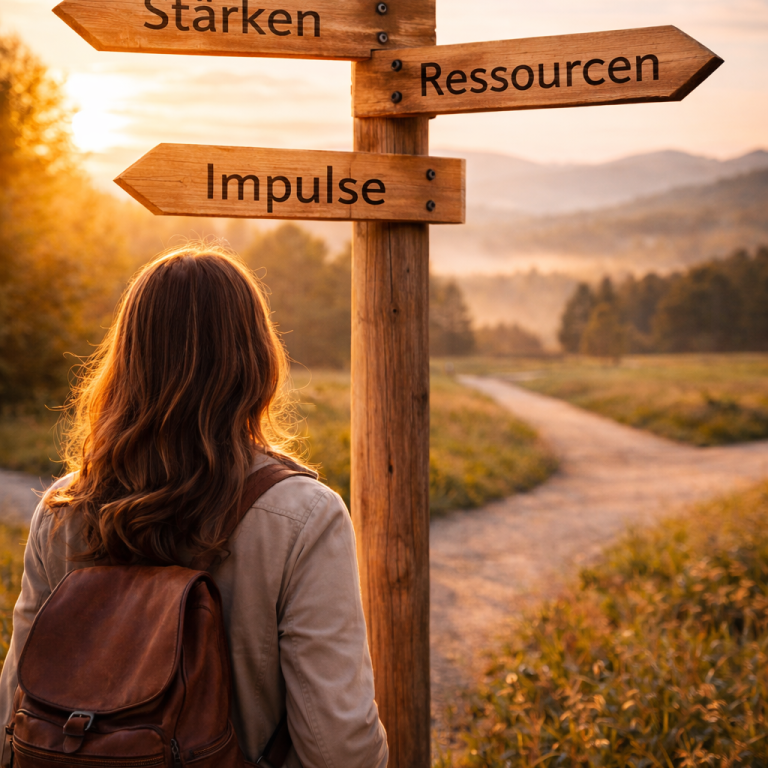Eine Person steht vor einem Wegweiser mit den Beschriftungen "Stärken", "Ressourcen", "Impulse".