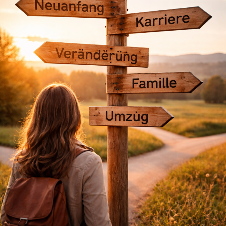 Frau steht vor einem Wegweiser mit Richtungen: Neuanfang, Karriere, Veränderung, Familie, Umzug.