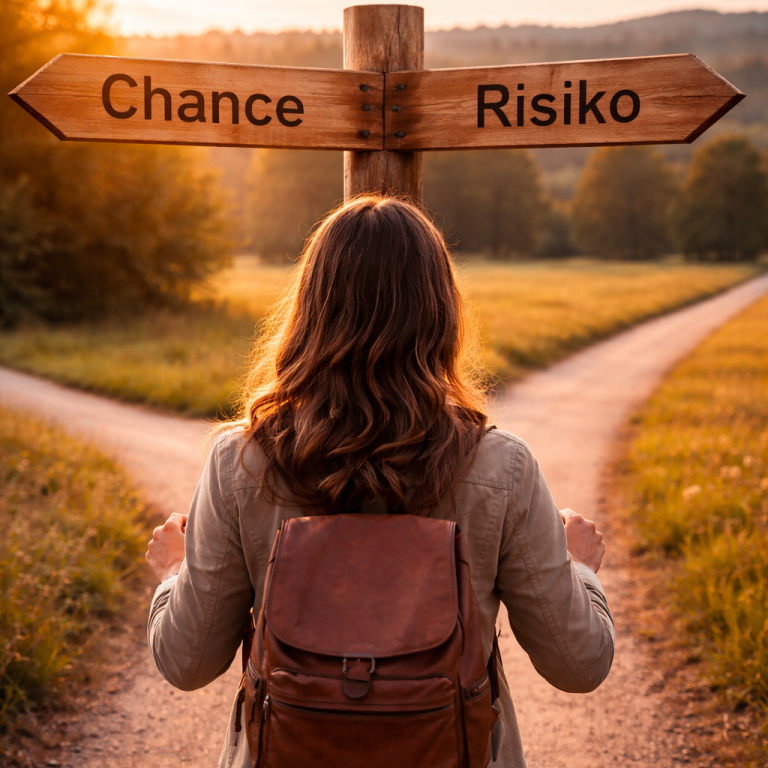 Eine Person steht an einem Wegweiser mit den Schildern "Chance" und "Risiko".