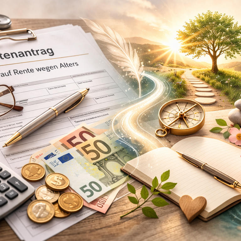 Dokumente, Geld, Kompass und Buch auf einem Tisch mit Landschaft im Hintergrund.